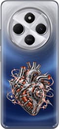 Kompatibelt Mobildeksel til Xiaomi Redmi 14C Sølvfarget mekanisk hjerte med rør, oransje spoler og lysende detaljer sølv