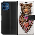 Miniatyrbillede 1 af 3: Kompatibel Tegnebogsetui til Apple iPhone 12 Illustreret leopard med lyserøde og orange hjerter, sorte pletter og dekorative detaljer orange