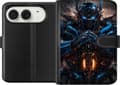 Kompatibel Tegnebogsetui til Apple iPhone Duo Sort robotkriger med blå øjne blå rustningsdetaljer og orange lys sort