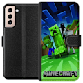 Pikkukuva 1 / 3: Samsung Galaxy S21 Lompakkokotelo Minecraft Creeper mobilskal i klassisk grön pixelstil