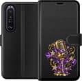 Kompatibel Tegnebogsetui til Sony Xperia 1 III Guldfarvet retromikrofon med lilla bånd, stjerner og små noder guld