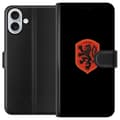 Miniatyrbillede 1 af 3: Kompatibel Tegnebogsetui til Apple iPhone 16 Plus Orange skjold med sort heraldisk løve mod sort baggrund sort