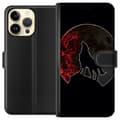 Miniatyrbillede 1 af 3: Kompatibel Tegnebogsetui til Apple iPhone 14 Pro Max Sort silhuet af en hylende ulv foran en dramatisk rød måne mod sort baggrund sort