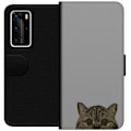 Miniatyrbild 1 av 3: Huawei P40 Pro Plånboksfodral Grå Kattblick – stilren kattdesign med grå bakgrund