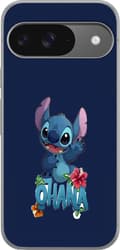 Kompatibel Mobilcover til Google Pixel 9 Pro Charmerende blå tegnet figur, der vinker over tekst og tropiske hibiscusblomster mod mørkeblå baggrund blå