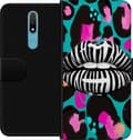 Kompatibel Tegnebogsetui til Nokia 2.4 Sort-hvide zebrastribede læber over lyserøde, sorte og turkise leopardpletter flerfarvet