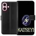 Miniatyrbillede 1 af 3: Kompatibel Tegnebogsetui til Apple iPhone 16 KATSEYE-logo med gul stjerne, lilla omløbsringe og lys typografi på sort baggrund sort
