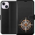 Kompatibelt Plånboksfodral till Apple iPhone 14 Silverfärgad kompassros med orange ljuscentrum och tunna cirklar silver