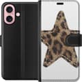 Kompatibel Tegnebogsetui til Apple iPhone 16 Stjernemotiv med brunt og sort leopardmønster samt dekorative sømdetaljer brun