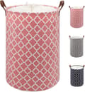72L Thickened Extra Large Laundry Hamper with Durable Leather Handle Waterproof Inside, Drawstring Round Cotton Linen Foldable Storage Basket (Pink)