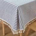 Cotton Linen Tablecloth with Stripes and Tassels, Rectangular, Dustproof Tablecloth for Kitchen, Dining Table, Table Decoration (140 cm x 180 cm, Blue)