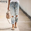 Miniatyrbild 2 av 4: YYFS Dammode Trasiga Jeans Casual Mellanhög Midja Byxor & Capri Casual Byxor (S ljusblå)
