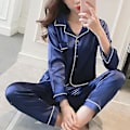 Miniatyrbillede 2 af 3: Kvinders Satin Silke Look Natskjorte Pyjamas Langærmet Natsæt (2XL Blå)