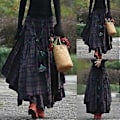 Miniatyrbillede 1 af 4: Retro Folk Style Dame Mode Plaid Maxi Nederdel Splice Irregulær Swing Plisseret Høj Talje Lang Nederdel (XL)