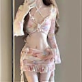 Miniatyrbillede 5 af 5: 4 STK Dame Badedragt Trekant Bikinis Badedragt med Crop Top og Flæse Strand Wrap Nederdel, Halter Bikinis Top Pink L(L )