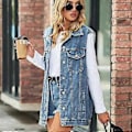 Miniatyrbilde 2 av 4: Mote Denim Vest For Kvinner Ermeløs Casual Løs Lang Jeansjakke Kåpe Street Hipster Dameklær XS-XL(S svart)