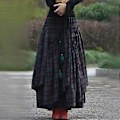 Miniatyrbillede 4 af 4: Retro Folk Style Dame Mode Plaid Maxi Nederdel Splice Irregulær Swing Plisseret Høj Talje Lang Nederdel (XXXL)