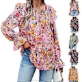Miniatyrbild 2 av 5: Dam Höst Puff Långärmad T-shirts Rundhalsad Toppar Bohemisk Blommig Tryck Blusar Skjortor Smockade Manschetter Tunikor Toppar Vit XL(XL Vit)