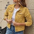 Miniatyrbillede 1 af 5: Dame Efterår Denim Korte Jakker Damer Vinter Enkeltknappet Langærmet Nedadvendt Krave Jeans Frakker (XL gul)