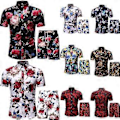 Miniatyrbillede 3 af 3: Herre Hawaiiskjorte og shorts sæt 2 dele Knap ned blomstret stranddragt Tropisk tøj (2XL Navy blå)
