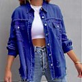 Miniatyrbilde 3 av 3: Løs Rippet Denimjakke Slitesterk Vellaget Hudvennlig Blazer For Vår Sommer Høst Daglig Bruk (S Blå)