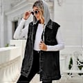 Miniatyrbillede 5 af 5: Moderigtig denim vest til kvinder ærmeløs afslappet løs lang jeans jakke frakke street hipster dame tøj XS-XL(XL blå)