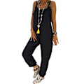 Miniatyrbillede 1 af 4: Dame Spring Sommer Casual Løse Lange Bib Bukser Jumpsuits Baggy Bomuld Linned Look Rompers Overalls Bukser Plus Size (XL Sort)