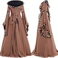 Miniatyrbillede 4 af 5: Fianao Keltisk Kvinders Snørebånd Langærmet Gulvlang Middelalderkjole Halloween Kostume (XL Khaki)