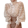 Miniatyrbilde 1 av 4: Langarmet Damebluse med Blonder, Fransk Bluser, Blomsterutskjæring, Stående Krage (3XL Aprikos)