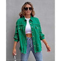 Miniatyrbilde 2 av 3: Løs Rippet Denimjakke Slitesterk Vellaget Hudvennlig Blazer For Vår Sommer Høst Daglig Bruk (2XL Grønn)