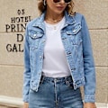 Miniatyrbillede 1 af 5: Dame Efterår Denim Korte Jakker Damer Vinter Enkeltknappet Langærmet Nedadvendt Krave Jeans Frakker (XXL lyseblå)