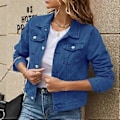Miniatyrbillede 4 af 4: Dame Efterår Denim Korte Jakker Damer Vinter Enkeltknappet Langærmet Nedadvendt Krave Jeans Frakker (L sort)