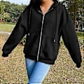 Miniatyrbillede 3 af 4: Hættetrøje med snøre, lange ærmer, lommer og lynlås, efterårsfarve, dame sweatshirt jakke (2XL sort)
