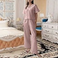 Miniatyrbild 5 av 5: Dam Pyjamas och Byxor Set V-formad Krage Pyjamas Bomull Rygglös Pyjamas Nattbyxor Set (L rosa)