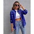 Miniatyrbilde 2 av 3: Løs Rippet Denimjakke Slitesterk Vellaget Hudvennlig Blazer For Vår Sommer Høst Daglig Bruk (Lyseblå)