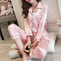 Miniatyrbillede 1 af 4: Kvinders Satin Silke Look Nattøj Pyjamas Langærmet Nattøj Sæt (XL Pink)