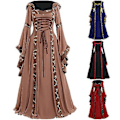 Miniatyrbillede 2 af 5: Fianao Keltisk Kvinders Snørebånd Langærmet Gulvlang Middelalderkjole Halloween Kostume (XXXXXL Sort)