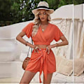 Miniatyrbilde 5 av 5: 2-delt sett for kvinner, avslappet sommer loungewear sett med hetteermer og elastisk midje shorts, strandparty antrekk (L Oransje)