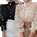 Miniatyrbillede 2 af 4: Langærmet Damebluse med Blonder, Fransk Bluser, Blomsterudskæring, Stående Krave (XL Aprikos)
