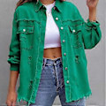 Miniatyrbilde 3 av 3: Løs Rippet Denimjakke Slitesterk Vellaget Hudvennlig Blazer For Vår Sommer Høst Daglig Bruk (2XL Grønn)