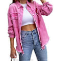 Miniatyrbilde 1 av 3: Løs Rippet Denimjakke Slitesterk Vellaget Hudvennlig Blazer For Vår Sommer Høst Daglig Bruk (XL Rosa)
