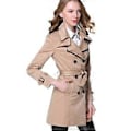 Miniatyrbillede 1 af 5: VANGULL Dame Klassisk Bælte Europæisk Trenchcoat Khaki Sort Dobbeltradet Business Frakke (L khaki)