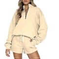 Miniatyrbild 1 av 5: Dam 2-delade träningsdräkter set avslappnad oversized dragkedja långärmad hoodies sweatshirt topp och shorts lounge set aprikos S(S aprikos)