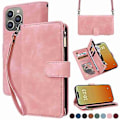 Miniatyrbillede 1 af 5: Tegnebog Lynlås Læder Telefon Etui Til iPhone 15 Pro Max (Pink)