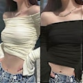 Pikkukuva 5 / 5: Naisten Off Shoulder Mesh Ruched Crop Topit Y2K T-paita Trumpetti Pitkähihainen Slim Fit T-paidat Seksikäs Pusero Y2K Katumuoti Musta M(M Musta)