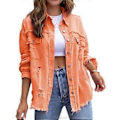 Miniatyrbilde 1 av 3: Løs Rippet Denimjakke Slitesterk Vellaget Hudvennlig Blazer For Vår Sommer Høst Daglig Bruk (S Oransje)