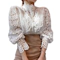 Miniatyrbilde 1 av 5: Langarmet Damebluse med Blonder, Fransk Bluser, Blomsterutskjæring, Stående Krage (XL Hvit)