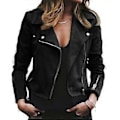 Miniatyrbilde 1 av 2: Kvinners Lapel Plain Zip Up Bikerjakke Klippet Dressjakke Dame Blazer Lang Erme Frakk Slank Passform Yttertøy (S Svart)