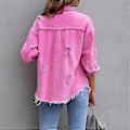 Miniatyrbilde 3 av 3: Løs Rippet Denimjakke Slitesterk Vellaget Hudvennlig Blazer For Vår Sommer Høst Daglig Bruk (S Rosa)