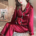 Miniatyrbild 2 av 5: Dam Satin Silk Look Pyjamas Långärmad Nattkläder Set (L Röd)